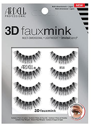 Ardell 3D Faux Mink Lashes 858 - Lightweight False Eyelashes with Invisiband, Reusable Strip Lashes, 4 Pairs
