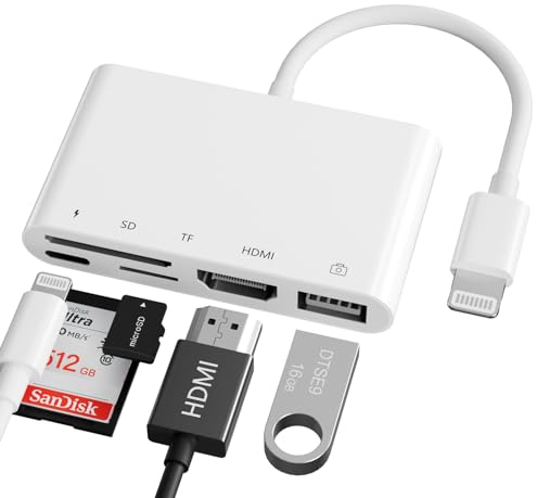 Adaptateur HDMI USB iPhone, Adaptateur Lecteur Carte SD/TF 6 en 1, Adaptateur USB OTG avec Port de Charge, Lighting vers HDMI AV Numérique 1080P Compatible avec iPhone 14/13/12/SE/11/XS/XR/X/8/7/i-Pad