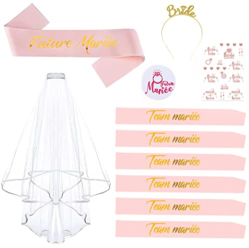 UNIVERTEN Junggesellinnenabschied Accessoire, EVJF Accessoire Kit, EVJF Schal Kit, Braut Schal und Team Bride, Schleier, Braut Anstecknadel, Diadem Stirnband, Tattoo (Roségold)