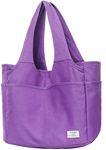 KYALOU Utility Large Canvas Tote Bag with Pockets, Women Casual Shoulder Bags with 8 Exterior & Interior Pockets for Work Gym Beach Travel Shopping Grocery (Purple)