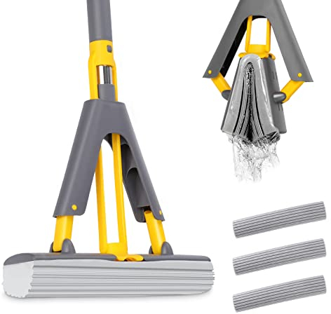 MASTERTOP Easy Floor Cleaner with Self-Squeeze Wringing, Hands-Free Extended Highly-Absorbent PVA Sponge Mop for Laminate, Tile, Hardwood Floor - Send 3pcs Sponge Mop Heads