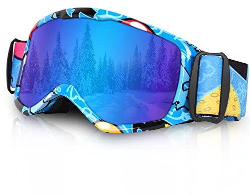 Micnaron Kids Ski Goggles, Snowboard Goggles for Boys Girls Youth, OTG Anti-fog Ski Goggles with Non-Slip Strap (Blue)