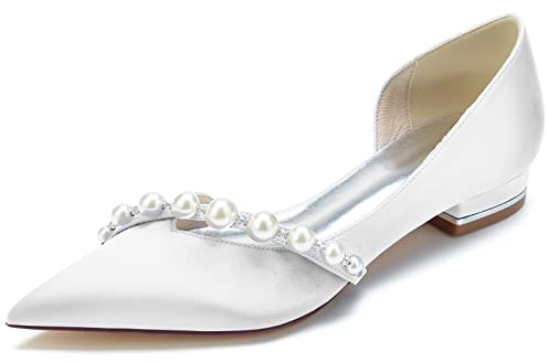 Femmes Perles Ballerines Slip on Bout Pointu Chaussures De Mariage Plates Perle Satin Sandales De Mariée De Soirée