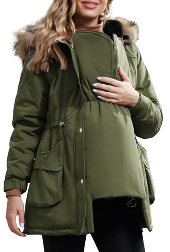 Maacie Maternity 3 in 1 Parka Jacket Warm Jackets Fleece Lined Drawstring Waist Parka Army Green L