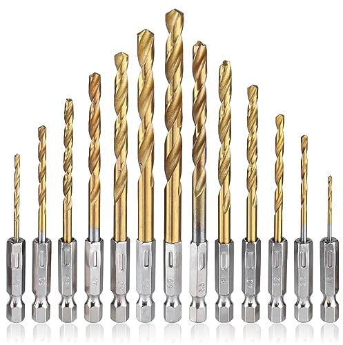 Mesee 13 Stück HSS Spiralbohrer Set, 1/4 Sechskantschaft Titanbeschichtetes Metallbohrer Set, Schnellwechsel Impact Control Spiralbohrer für Holzbearbeitung, Kunststoff 1,5-6,5mm