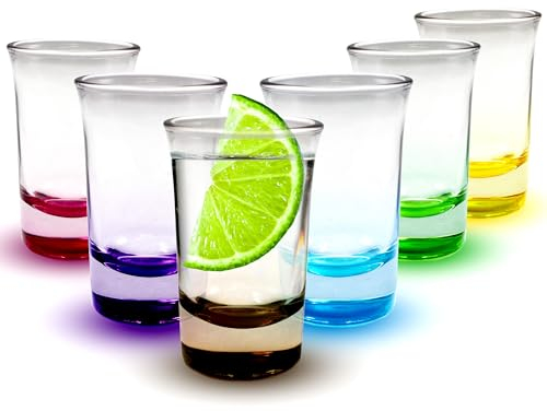 Vasos de chupito coloridos – 6 x 5 cl pequeños vasos de chupito con fondo pesado – Vasos ideales para tequila, vasos de vodka, pinnchen, vasos de estampación para chupito, Jägermeister, grano