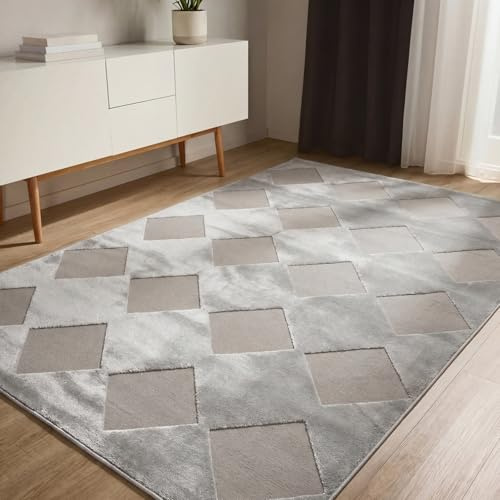 benuta Basic Teppich Claire - Grau 140x200 cm - Minimalistischer Wohnzimmerteppich im Geometrischen Retro-Stil - Pflegeleicht - Fußbodenheizung Geeignet