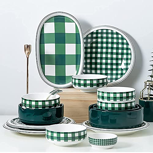 Juego de vajilla de cocina, juegos de vajilla de cerámica, juego de vajilla resistente a astillas a cuadros verdes/vajilla combinada de porcelana-platos/platos/cuencos servicio para 10