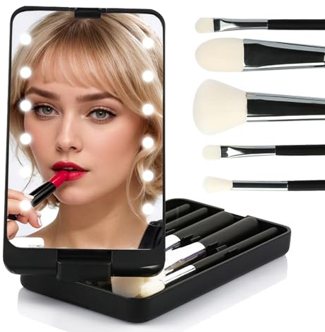 Pocket Mirror with 5-in-1 Makeup Brushes - Rechargeable Dimmable Portable Mirror with Light for Purse, Handbag, Pocket - Folding, Handheld (Black)