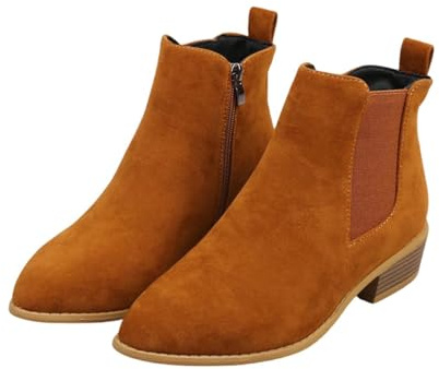 Stövletter dam med klack spetsig tå – ankelstövlar kort skaft mocka stövlar ankelhöga fritidsskor enfärgade eleganta damstövlar vintage ankelskor med dragkedja, BRUN, 40 EU