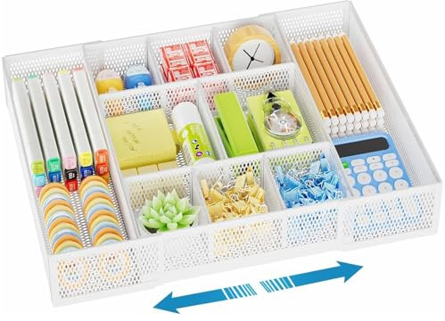 Marbrasse Lådor för Skrivbordsorganisering,Mesh Desk Tray med 10 Justerbara Fack,Skrivbordstillbehör & Förvaringsprodukter,5 Avdelare Låda för Kontorsmaterial,Smink & Hushållsartiklar(Vit)
