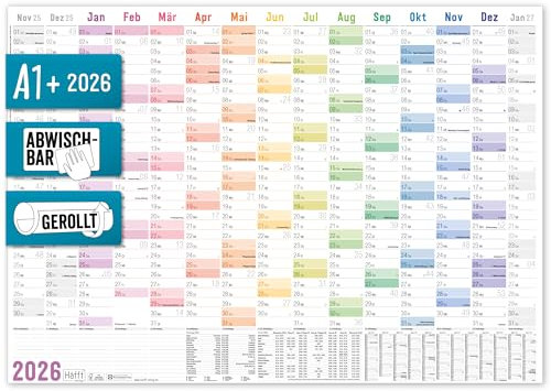 Häfft® abwischbarer Wandkalender 2026 groß: 89 x 63 cm (größer als A1) gerollt, 15 Monate: Nov 2025 - Jan 2027, Wandplaner Rainbow- nachhaltig & klimafreundlich