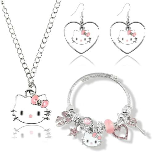 Ainvliya Jewelry Set for Women Girls, 3PCS Adjustable Cat Style Bracelet Pendant Necklace Stud Earrings Cute Pink Friendship Bracelet Anime Cartoon Matching Jewelry for Teenage Girls Ladies Gifts