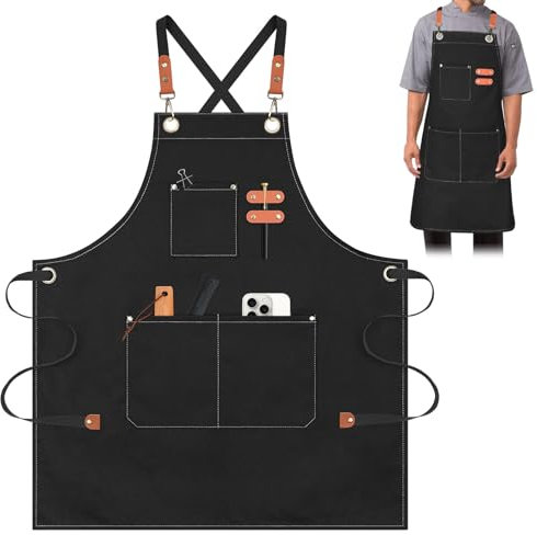 AYESY Canvas Apron,68x75cm Chef Aprons with Adjustable Strap and 3 Pockets,Work Aprons for Men Women,Apron for Servers Kitchen Cooking Baking Artist Painting, Cross Back (Black)
