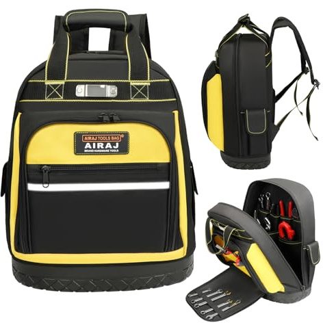AIRAJ Heavy Duty Tool Backpack,17 Inch Tool Bag Backpack with Waterproof Molded Hard Base,Durable Tool Bag with Reinforced Stitching,Waist-Support,Work backpack for Industrial,Electrician,Construction | Back Pack with Waterproof Molded Hard Base, Reinforced Stitching, Waist-Support, Work Backpack for Electrician, Construction