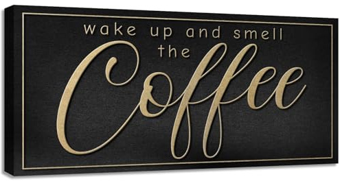 Black Gold Coffee Station Decor Plaque Wake Up and Smell the Coffee 6x12 | Canvas Wall Art Classic Kitchen Sign Table Decorative Small Home Office Tea Bar Accessories
