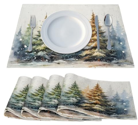 Mexpekil Tischsets aus Leinen, 4 Stück, winterlicher Schneebaum, hitzebeständig, waschbar, Tischdekorationen für drinnen und draußen, 46 x 31 cm
