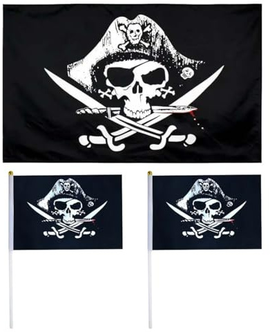 VONJUMA 3 Stück Piratenflagge Totenkopf Und Kreuzmesser Gekreuzte Knochen Jolly Roger Flagge Für Outdoor Und Piraten-Partys Kreuzmesser 60X90Cm 14×21Cm