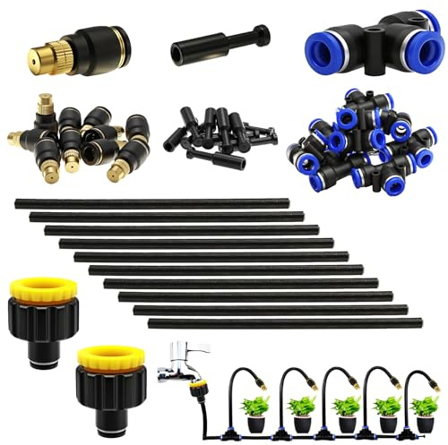 CESFONJER Sistema De Riego Con Cabezales De Riego Ajustables De 360°, Kit De Boquillas Nebulizadoras De Latón, Pulverización/Goteo/Cierre, Con Adaptador Conexión Rápida De 8 mm Para Sistema De Riego