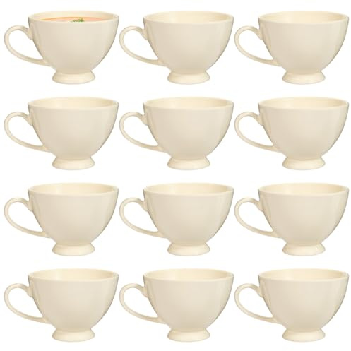 Dibor Large Soup Bowl Mugs Set of 12 600ml/20oz Crockery Gift Set (Cream) | Dishwasher Safe, Microwave Safe, Footed Mug, Soup Bowl Breakfast, Lunch, Dinner, Stoneware, Ceramic, Large