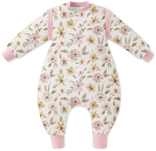 Unnivoll Sacco nanna invernale con piedi, 2,5 Tog, con maniche rimovibili, in cotone, sacco nanna invernale per bambini, caldo e morbido, 80 cm, per ragazzi e ragazze, fiori rosa