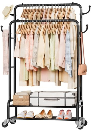 Homde Heavy Duty Clothes Rack: 265lb Rolling Double Rod Garment Hanging - Metal Coat Organizer Storage Display Shelf on Wheels for Bedroom Laundry