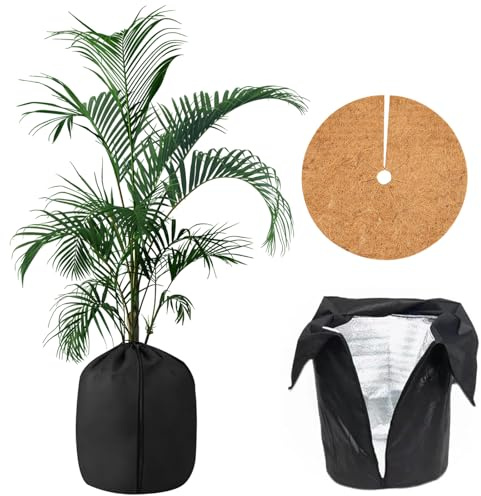 Sac de Protection Thermique pour Pot de Fleurs 50x45cm, Avec Disque en Feutre coco Ø 45cm, Protection Pot de Fleur Hiver, Avec Cordon et Fermeture éclair, Protection Hivernale pour Plantes (Gris)