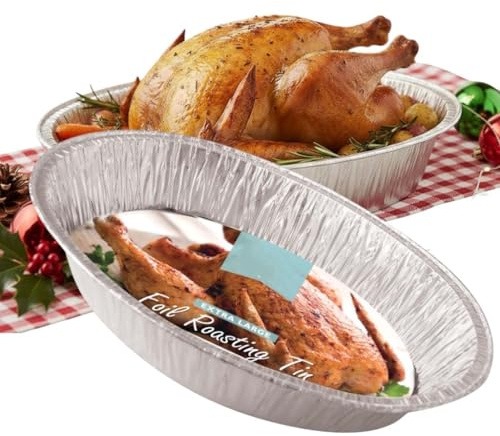 4 x Extra Large Foil Turkey Roasting Trays - Large Oval Disposable Oven Tin - Size 46cm x 34cm x 8.7cm - Roaster for Meat Joints, Veg, Baking, Catering, Buffet Food - Foil Baking Tray