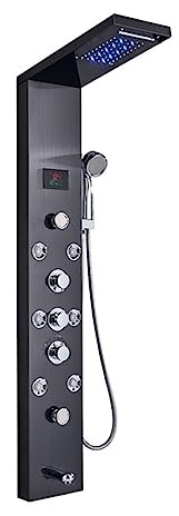 Nylyxigt svart/borstat badrum duschkran， LED duschpanel ， Kolumn badkarsblandare med handdusch temperaturskärm(Black B)