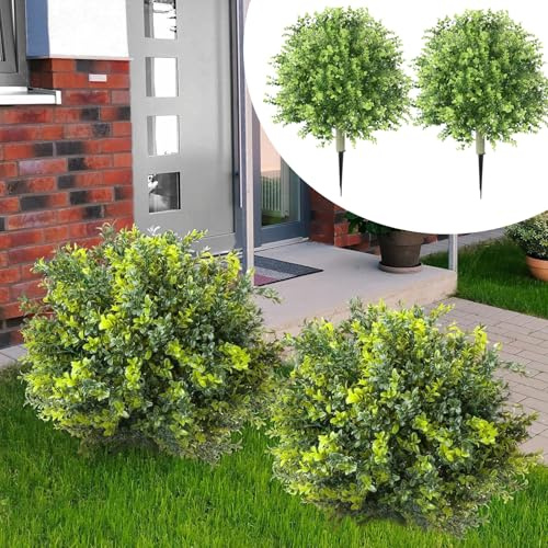 2 Pack Artificial Boxwood Topiary Ball 24'' Faux Boxwood Tree with Ground Spike Outdoor Fake Green Boxwood Plants Sun Resistant Evergreen Bush Round Topiary Shrub Plant for Garden Yard Porch Patio