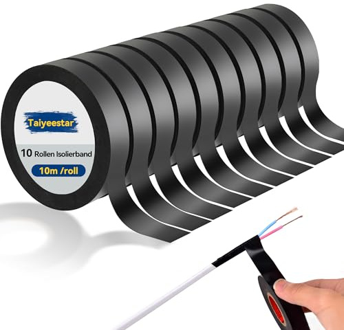 Taiyeestar 10 Rollen Isolierband à 10 m, Isolierband Schwarz, Electrical Tape zum Schutz, Bündeln und Reparieren von Kabeln, 15mm x 10 m