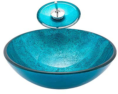chicstyleme Waschbecken Blaues rundes Glasbecken mit Aufsatzbecken aus gehärtetem Glas des Wasserfallhahns,Tischwaschbecken