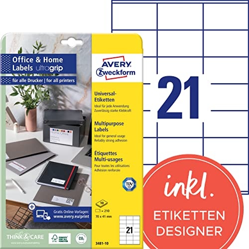 AVERY Zweckform 3481-10 Adressaufkleber (210 Etiketten, 70x41mm auf A4, FSC, bedruckbare Absenderetiketten, selbstklebende Klebeetiketten mit ultragrip, ideal fürs HomeOffice) 10 Blatt, weiß