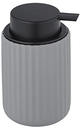 WENKO Flüssigseifenspender Belluno, nachfüllbarer Seifenspender aus hochwertiger Keramik, Seifendosierer mit moderner Rillen-Struktur, Soft-Touch, Matt Grau/Schwarz, Ø 8 x 13,5 cm, Füllmenge 300 ml