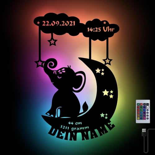 Namofactur personalisiertes RGB-Nachtlicht zur Geburt und Taufe | Mit Wunschname, RGB-Farbwechsel, USB und Fernbedienung – Netzteil optional und in verschiedenen Farben wählbar