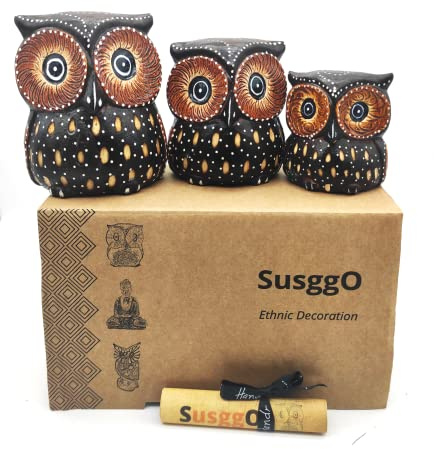 SusggO Set 3 Buhos de Madera Tallados a Mano Figuras Decorativas Artesanales Home Decoration Decoración Buho de la Suerte Decoracion Otoño Decoracion Hogar (Marron Puntos Mod 4)