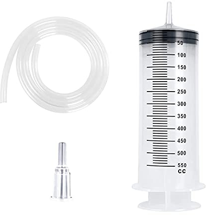 Kunststoff-Spritze, 550 ml, 1 x Spritze mit großem Fassungsvermögen und 1 m Schlauch, keine Nadel, für Ölwissenschaft, Labors, Messen, Bewässerung, Kleber, Applikator, Experimente, Fütterung von