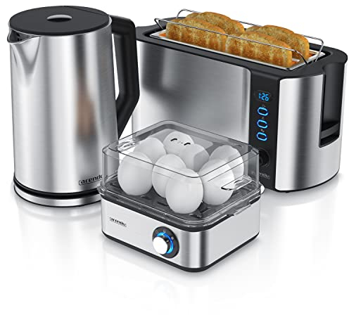 Arendo - Wasserkocher mit Toaster SET und Eierkocher, Edelstahl Silber, Wasserkocher 1,5L 40° - 100°C, Toaster 4 Scheiben LED-Display 6 Bräunungsgrade, Eierkocher 1-8 Eier, Messbecher
