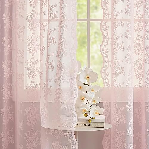 YJ YANJUN Tende in Voile Floreali 72 Drop Coppia Tende in Pizzo Vintage per Finestre Asta Privacy Graziose Reti per Casa Antica Pannelli Tenda per Soggiorno Ufficio 132cm Larghezza x 183cm Drop Rosa