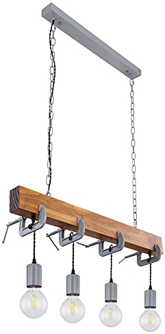 GLOBO LED Hängeleuchte Holz Esstischlampe Küche hängend Retro Deckenleuchte Vintage Pendelleuchte 4 flammig, Schraubzwinge Metall verzinkt, 4W 300Lm warmweiß, LxH 85 x 120 cm