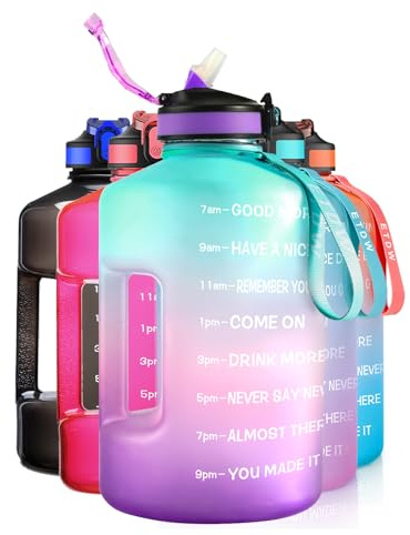 ETDW – Bouteille d’eau de 3,8 l avec indicateur de moments de consommation et paille, bouteille de sport sans BPA et sans substances toxiques, anti-fuite, avec poignée, pour fitness, salle de sport et