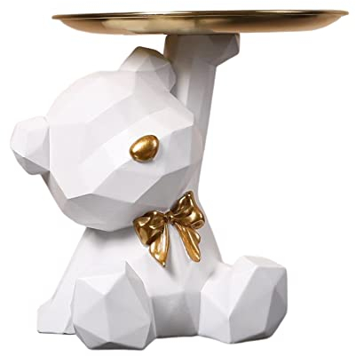 BLOOOK Statue Skulptur,Bär Figur Dekorative Tablett,Bären Skulpturen mit Dekotablett,Teddy Bär Deko Figuren Schlüsselschale,Dekoschale für Dessert Kosmetik Schmuck Kerzen (Weiß (B))
