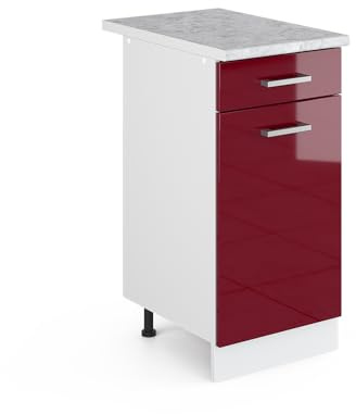 Vicco Unterschrank R-Line, Bordeaux Hochglanz/Weiß, 40 cm mit Schublade, mit Arbeitsplatte