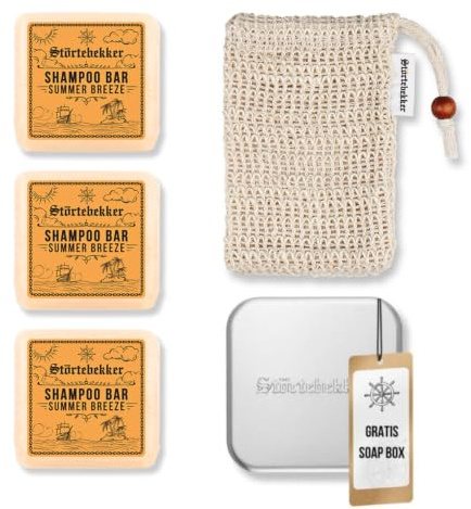 Störtebekker® Premium Duschset - Festes Shampoo Summer Breeze (Bergamotte) (x3), Sisalsäckchen + GRATIS Seifendose Alu - Shampoo Bar Set für Haare, Kopfhaut & Bart - Handgefertigt in Seifenmanufaktur