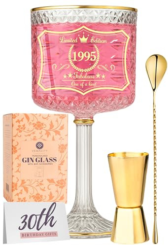 Vemacity 30th Birthday Gift for Women | Year: 1995 Personalised Gin Glass Gifts for Women | Gold Bar Accessories Included | Gin Gifts for Woman w/Spoon & Jigger | Recipe PDF | Aperol Spritz Glassware