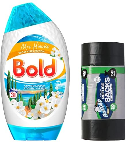 Katsy Style Bold Mrs Hinch Vacay Vibes Washing Liquid Gel 31 Washes + Buffalo Flat Top Ultra Strong Refuse Sacks 50l 30 Pack