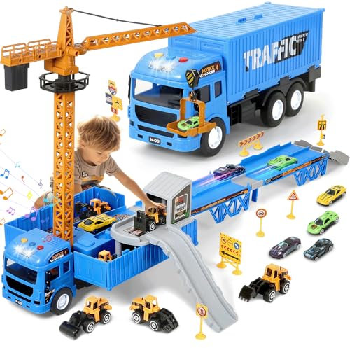 MOONTOY Baustellenfahrzeuge Kinder Kran LKW Spielzeug Mit doppelter Auswurfschiene Bagger Drehung Bulldozer Dampfwalze Gabelstapler Konstruktionsfahrzeuge für 3 4 5 6 7 Jahre alt Jungen Geschenke