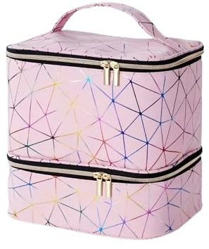 ZiaWorld Double-Layer Nail Polish Organizer, Portable 30 Nail (15ml) Polish Bottles Organizer Zipper Nail Polish Carrying Case, Manicure Tools Storage, Cosmetic Travel Bag, Pink Style2