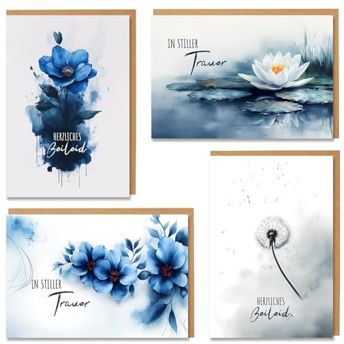 Vielucks 4 tarjetas de condolencia, 10 cm × 14 cm, con sobre, tarjetas de condolencia, tarjeta de condolencia, tarjeta de condolencia, tarjeta plegable para despedida en profunda compasión (flor)