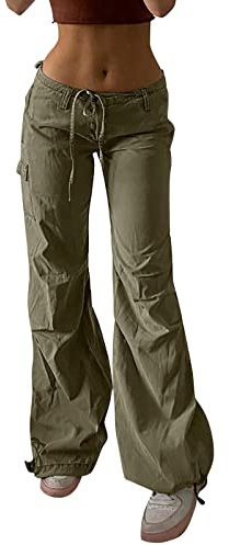 Pantaloni cargo da donna a vita bassa, pantaloni in lino da donna a gamba larga lunghi con tasche multiple pantaloni cargo con coulisse tinta unita pantaloni a gamba dritta pantaloni da lavoro